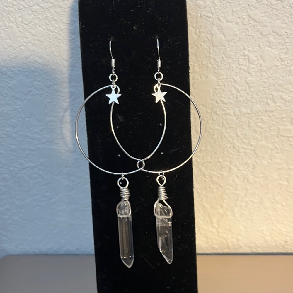 Celestial moon hoop earrings w wire wrapped Quartz crystals